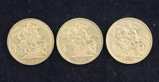 Three Victoria gold sovereigns,